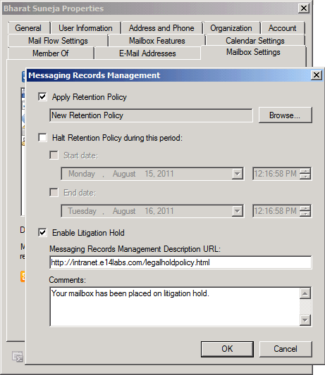 Captura de tela: Colocando uma caixa de correio em retenção de litígio usando o Console de Gerenciamento do Exchange