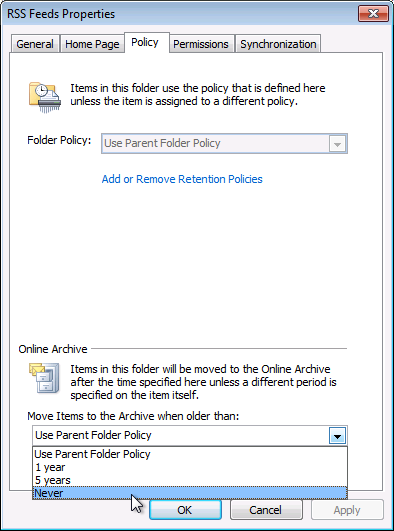 Captura de tela: Aplicando uma diretiva de arquivo mais nova em uma pasta no Outlook 2010