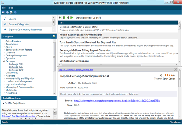 Captura de pantalla: Explorador de scripts de Microsoft para Windows PowerShell