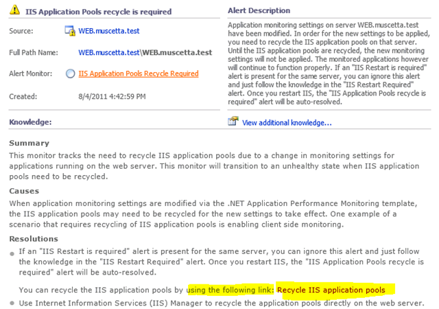 IIS Application Pools recycle is required Alert