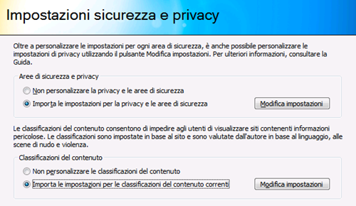 Impostazioni sicurezza e privacy Internet Explorer 9
