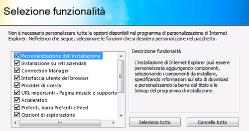 Selezione funzionalità Internet Explorer 9