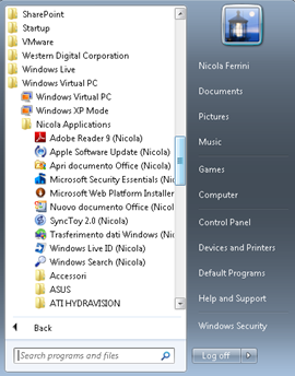 Figura 1: Integrazione delle applicazioni XP Mode con il menù avvio di Windows 7