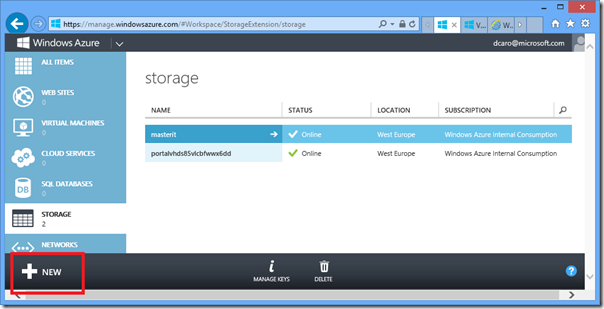 New Azure Storage Account