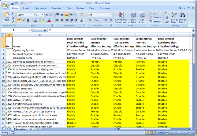 Effective settings for the five security zones exported to Excel