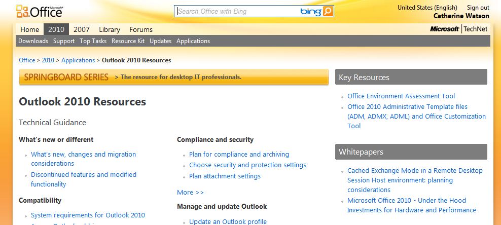 Recursos de Outlook 2010 en TechNet