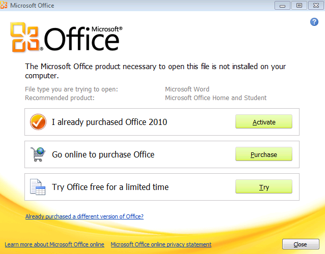 The Microsoft Office product necessary to open this file is not installed on you computer