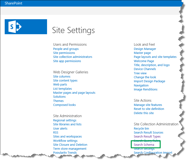 Search Schema on Site Settings page