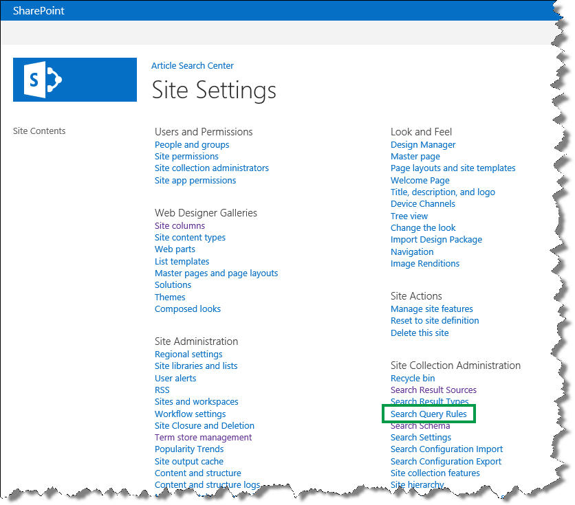 Search Query Rules on Site Settings page