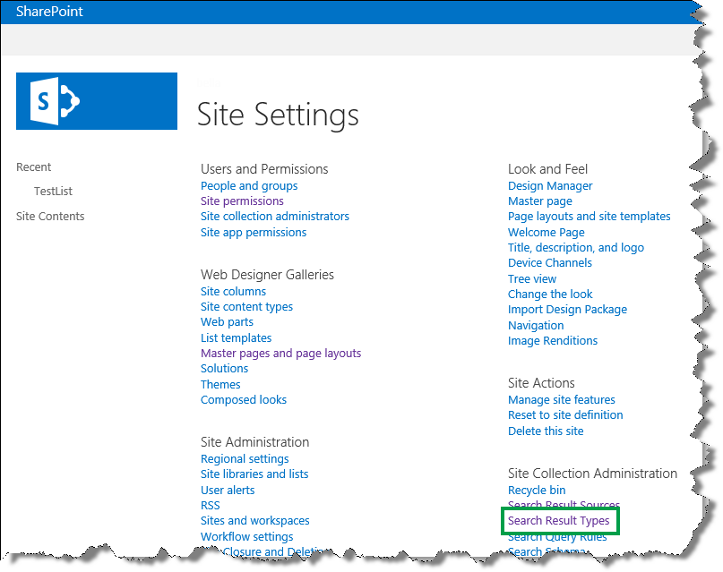 Search Result Type on Site Settings page