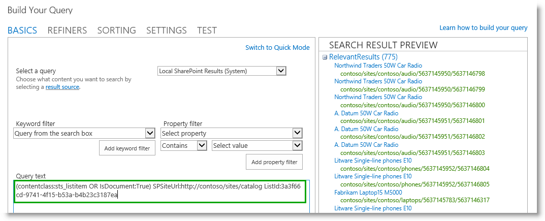 Result Source in Query text field