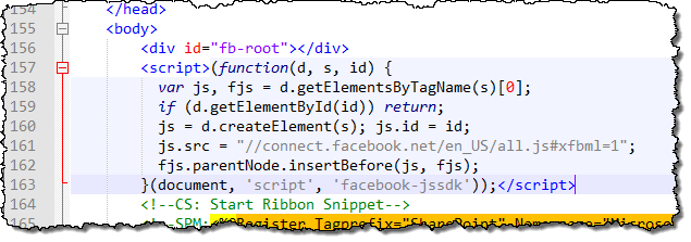 Figure 1. Code snippet Master Page with Facebook code included