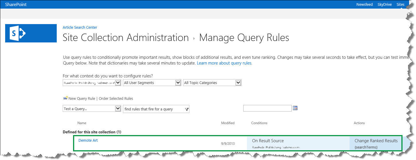 New query rule listed on the Manage Query Rules page