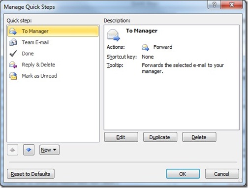 Manage Quick Steps dialog box