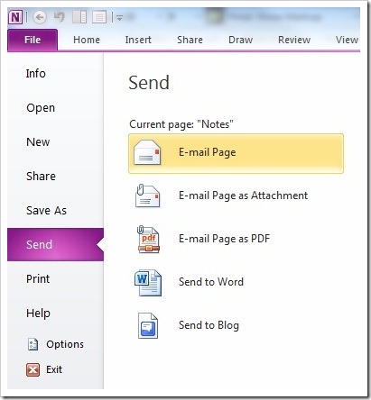 Send OneNote Page options