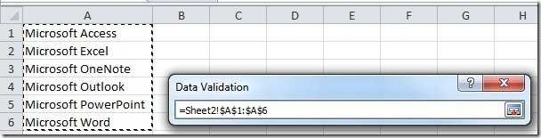 Select your cell range for list values