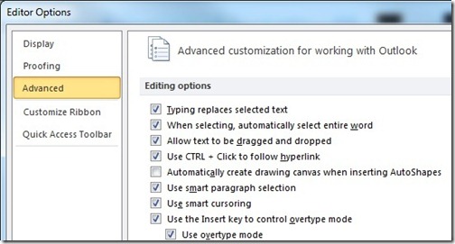Outlook Advanced Editor Options