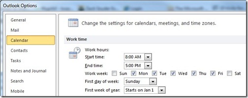 Calendar Options for Work Week