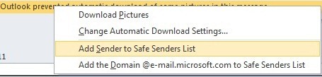 Add Sender to Safe Senders List