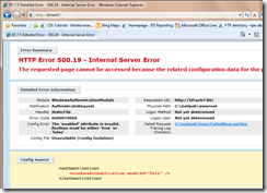 IIS7 http 500.19 error message indicating a config error