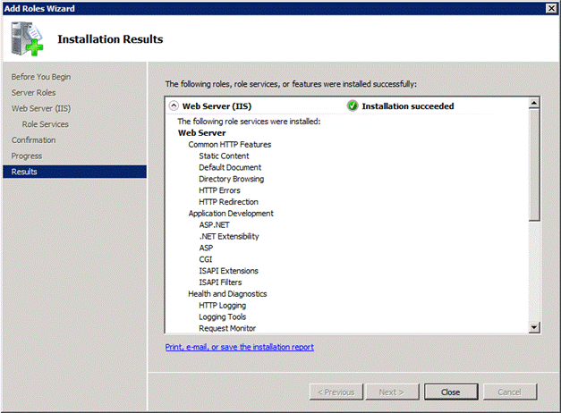Windows Server 2008: Confirm Installation Results dialog