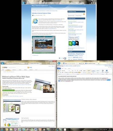 Více otevřených oken Internet Exploreru 9 (3 okna, 2 monitory, možnost práce ve třech stránkách)