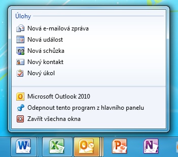 Seznam odkazu aplikace Outlook 2010