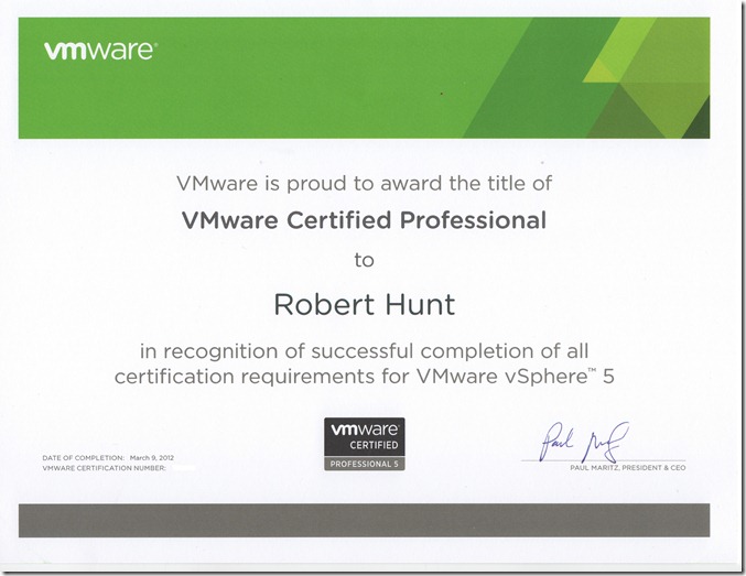 VCP5 Certification certificate 