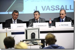 Microsoft Vice President John Vassallo, center, speaks at the Green Week conference in Brussels. Seated next to him are Giles Merritt (left), founder and secretary general of Friends of Europe, and Jaroslaw Pietras (right), director general at the Council of the European Union with responsibility for the environment and consumer protection. 