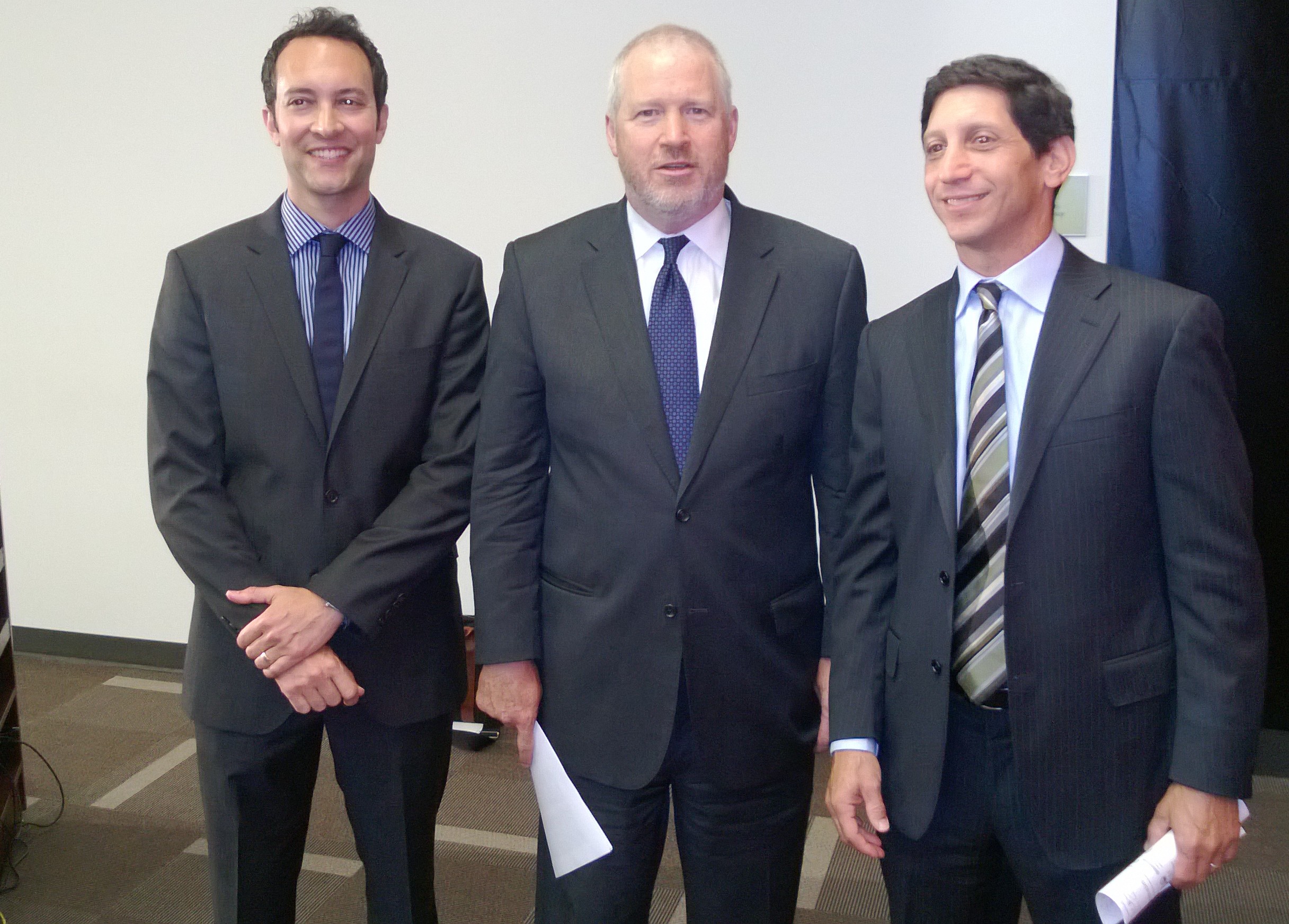  Today at the UW School of Medicine: (From left) Brian Geller, Executive Director, Seattle 2030 District, Seattle Mayor Mike McGinn, Microsoft Chief Sustainability Officer Rob Bernard