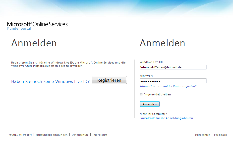Microsoft Online Services Kundenportal - Anmelden mit Windows Live ID