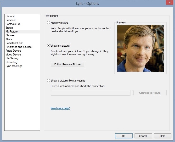Interface of Lync client with URL photo option