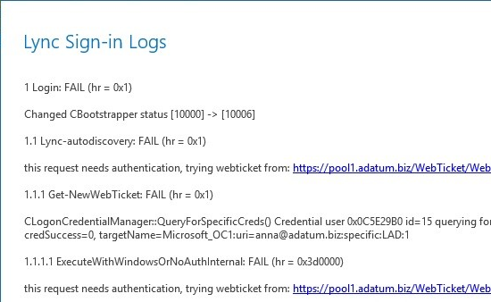 Logs collected during sign-in (Lync shows login steps)