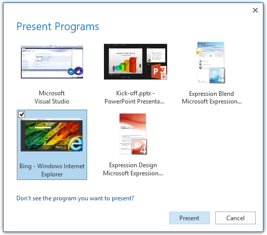 프로그램 프레젠테이션(Present Programs) 대화 상자