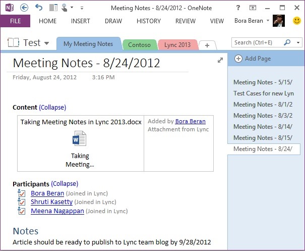 Anotação da reunião aberta no OneNote preenchida automaticamente com informações da reunião