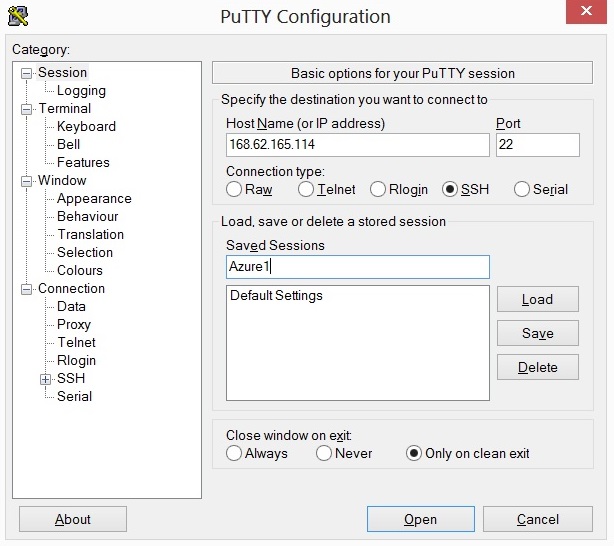 Datos de acceso a máquina a través de Putty