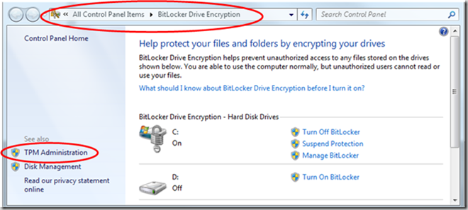 BitLocker Drive Encryption in the Control Panel