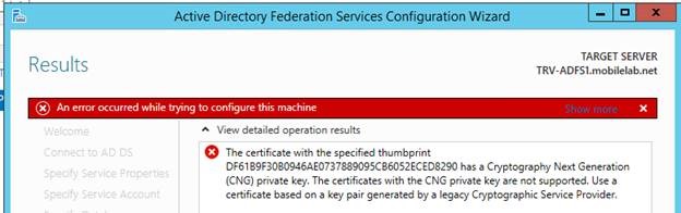 ADFS Configuration Wizard Failed With CNG Private Key Error