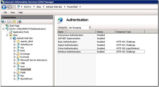 Authentication Enabled on PowerShell Virtual Directory