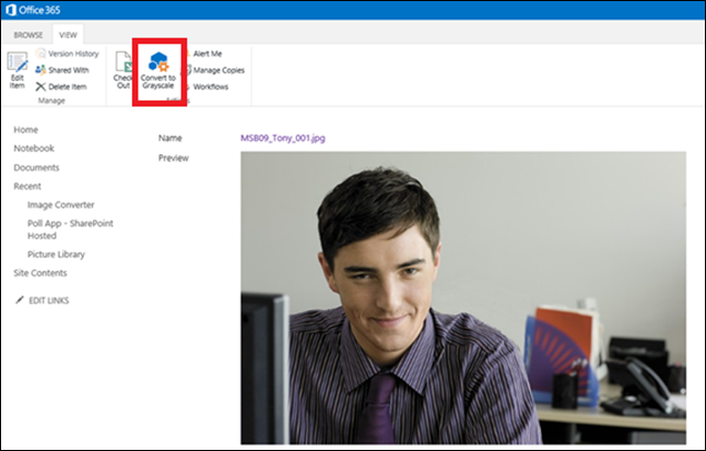Extending the SharePoint ribbon with an icon labeled "Convert to Grayscale." 