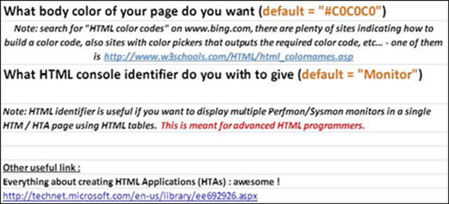 Define below the body color of the HTA page, and the Perfmon console "code identifier"