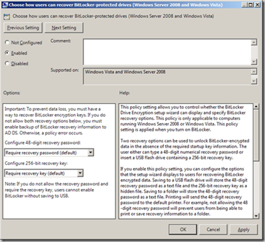 Policy describing how users can recover BitLocker-protected devices