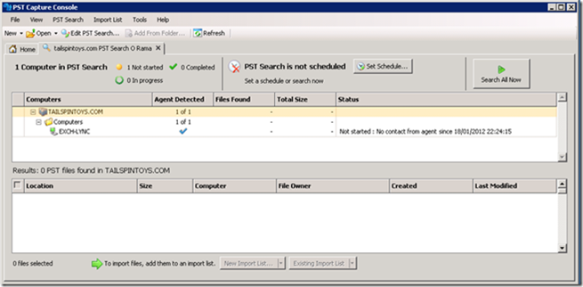 PST Capture Console Showing Newly Created Search