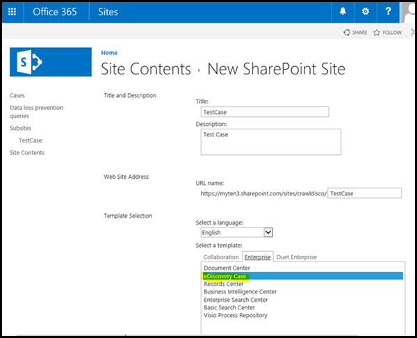 Sharepoint Online New eDiscovery Case