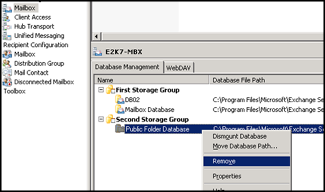Removing Public Folder Database Using Exchange Management Console