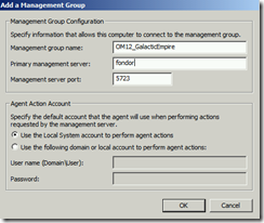 Megadjuk a Management Group és Management Server nevét, a portot, és az action accountot