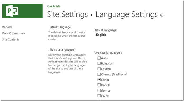 Incorrectly shows English as the default language - Czech has been selected to allow Czech version to be viewed