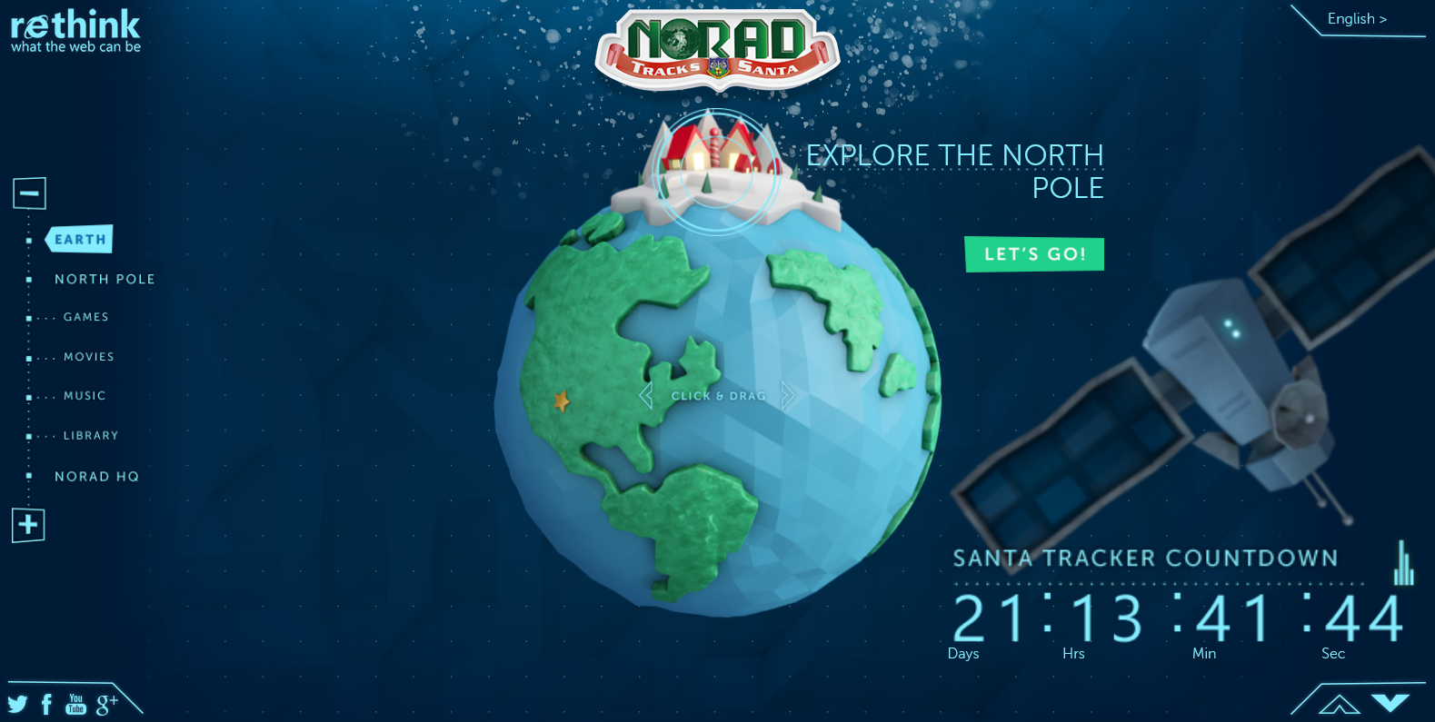  The redesigned homepage for NORAD Tracks Santa.