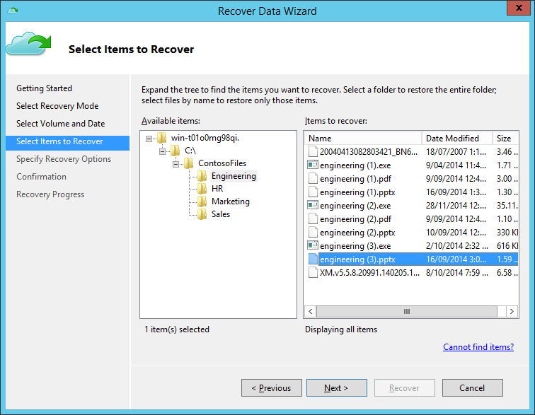  Microsoft Azure Backup - Recover Data - Select files