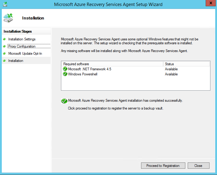 install microsoft azure recovery services agent
